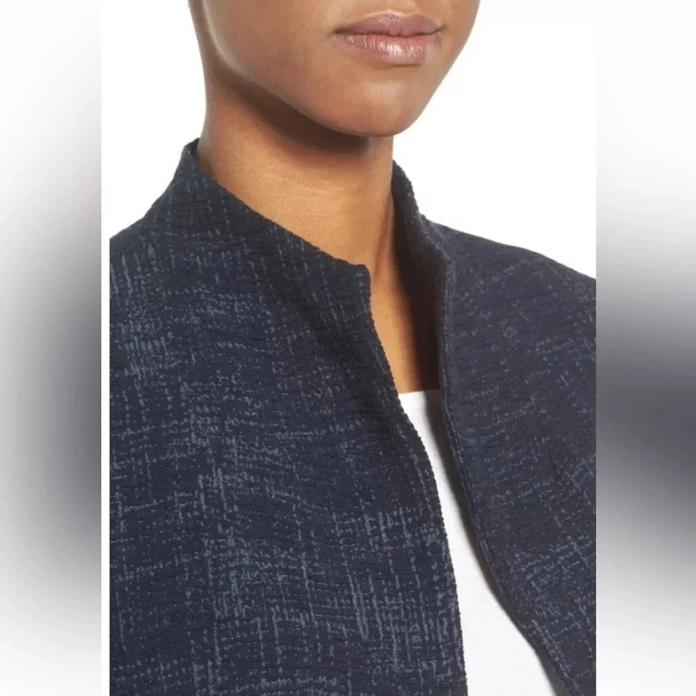 Eileen Fisher Crosshatch Cotton Tencel Stretch Navy Jacket Size Medium M EUC - Picture 2 of 10